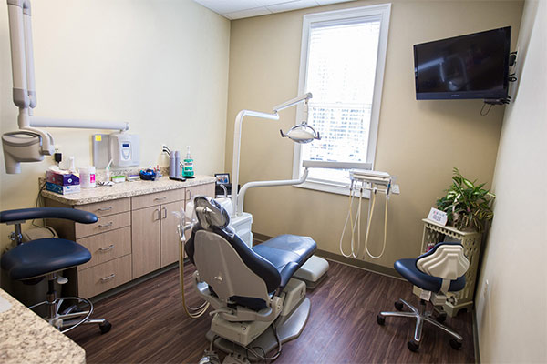 Dental exam chair in exam room at Masci & Hale Advanced Aesthetic and Restorative Dentistry in Montgomery, NY
