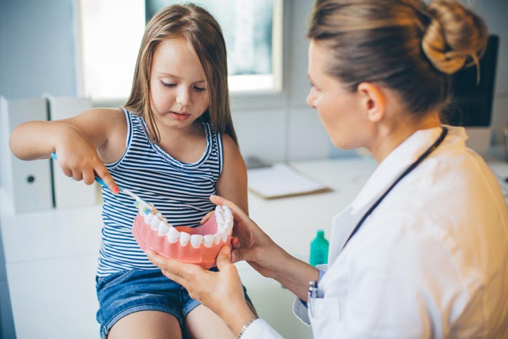 Dentist and child learn how to brush teeth