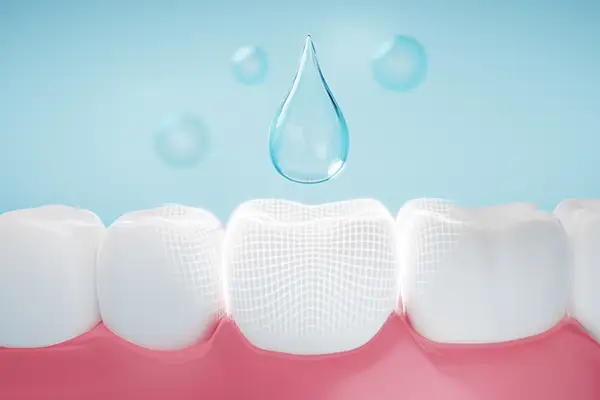 A big blue translucent drop of fluoride falling on a big healthy row of teeth, suggesting the protective advantage of fluoride.